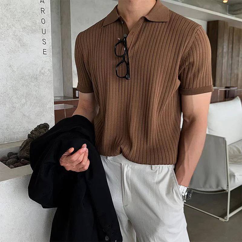 Men's Clothing Retro Knit Lapel Striped Polo Shirt Short Sleeve Knitwear