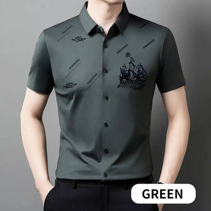 Men's Elastic Printed Short Sleeves Button Down Polo Shirt