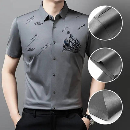 Men's Elastic Printed Short Sleeves Button Down Polo Shirt