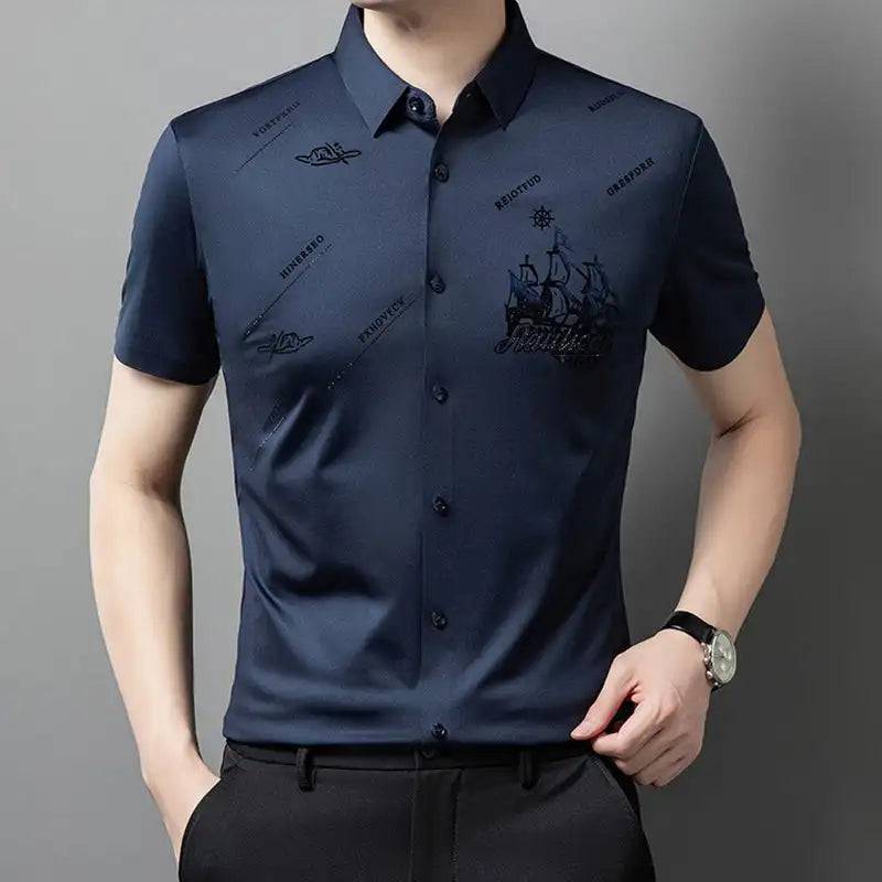 Men's Elastic Printed Short Sleeves Button Down Polo Shirt