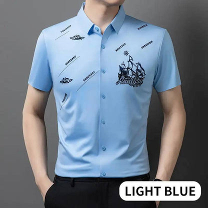 Men's Elastic Printed Short Sleeves Button Down Polo Shirt