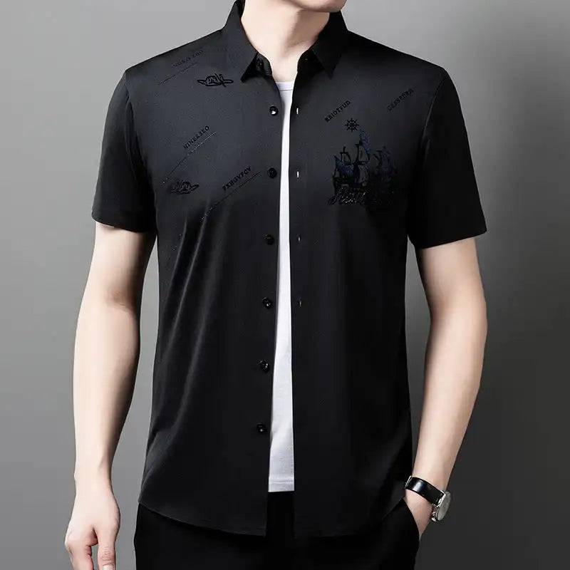 Men's Elastic Printed Short Sleeves Button Down Polo Shirt