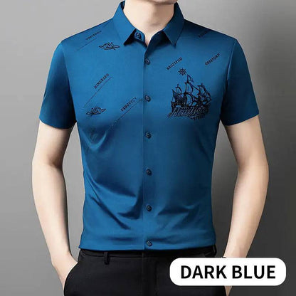 Men's Elastic Printed Short Sleeves Button Down Polo Shirt