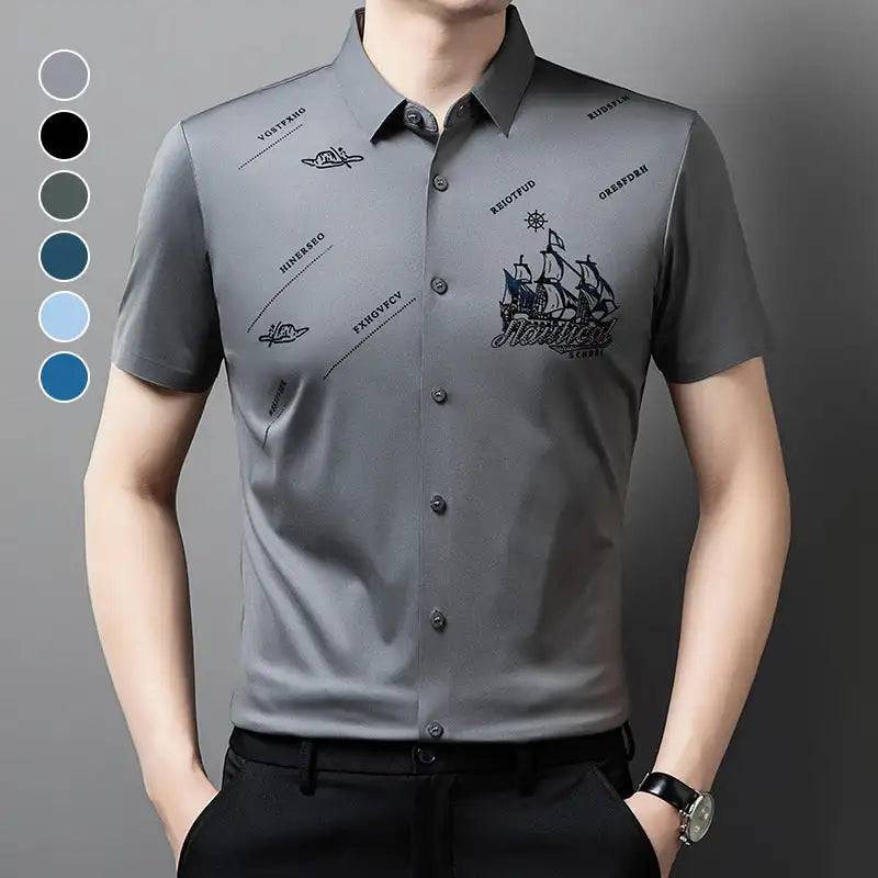 Men's Elastic Printed Short Sleeves Button Down Polo Shirt