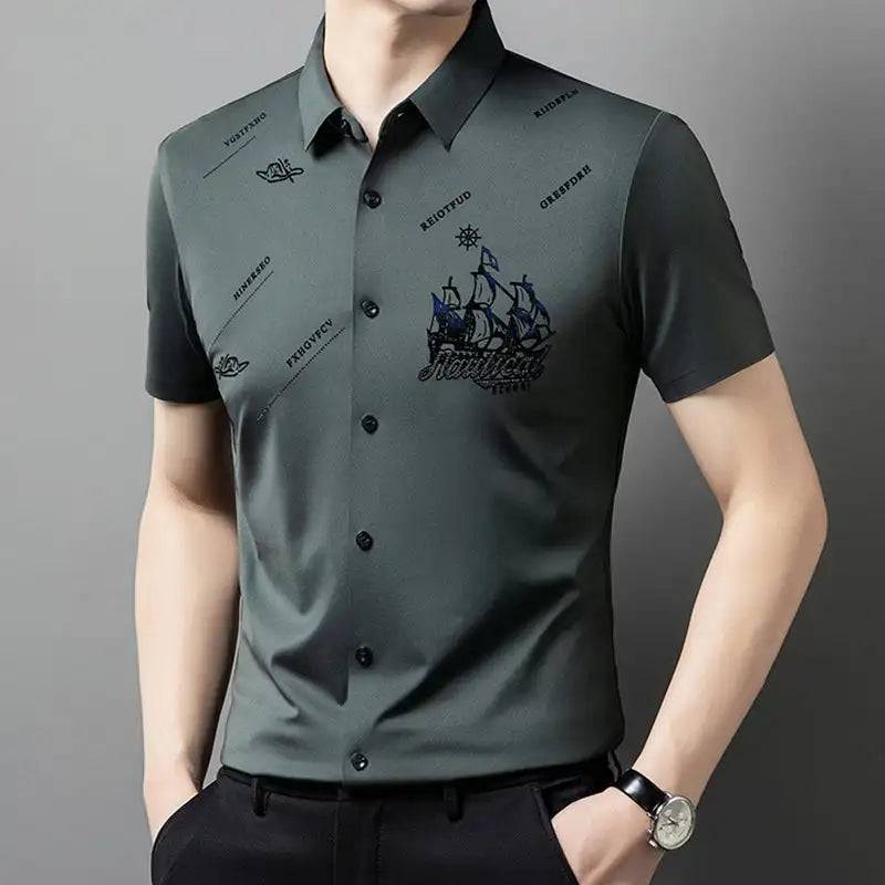 Men's Elastic Printed Short Sleeves Button Down Polo Shirt