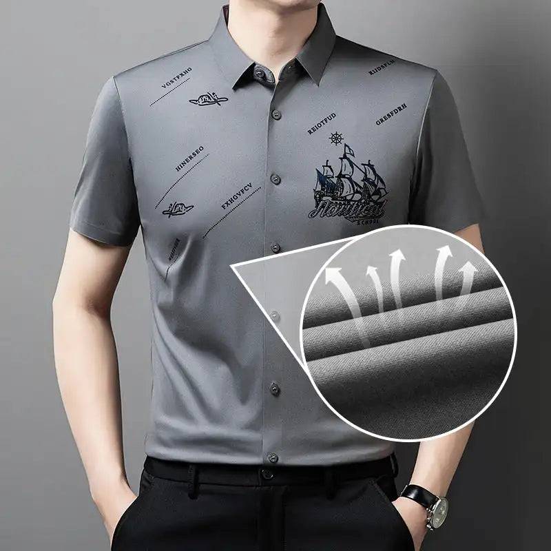 Men's Elastic Printed Short Sleeves Button Down Polo Shirt