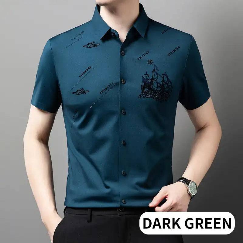 Men's Elastic Printed Short Sleeves Button Down Polo Shirt