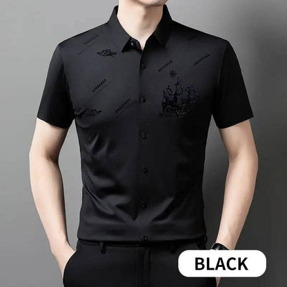 Men's Elastic Printed Short Sleeves Button Down Polo Shirt