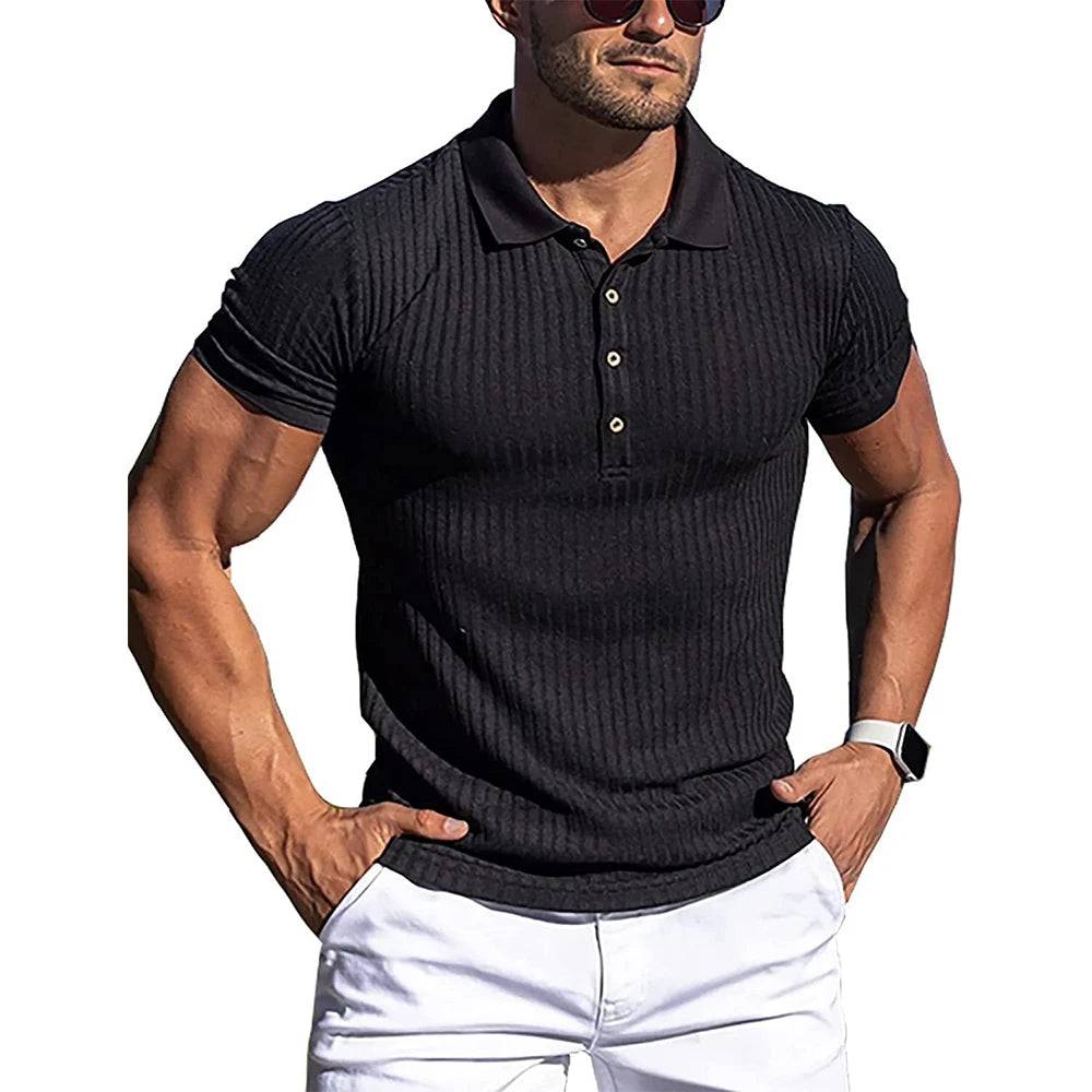 Men Stripe Elasticity Short Sleeve Polo Shirts Stand Collar