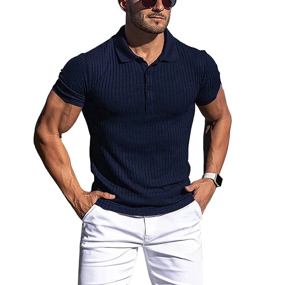 Men Stripe Elasticity Short Sleeve Polo Shirts Stand Collar