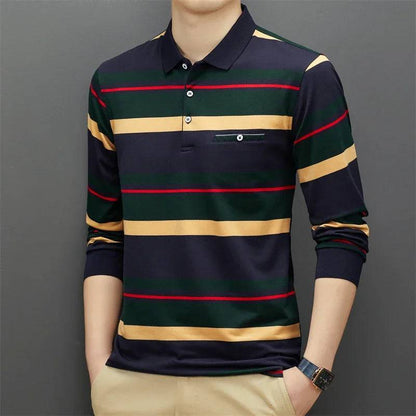 Men's Casual Stripe Plaid Long Sleeve Polo Shirt Solid Polo Top