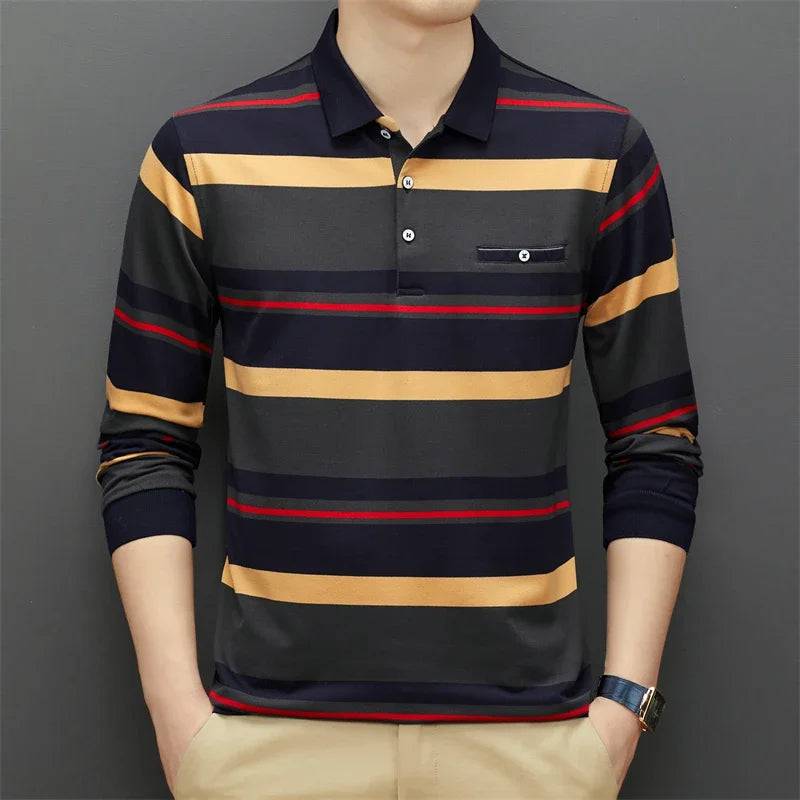 Men's Casual Stripe Plaid Long Sleeve Polo Shirt Solid Polo Top