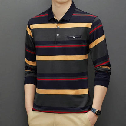 Men's Casual Stripe Plaid Long Sleeve Polo Shirt Solid Polo Top