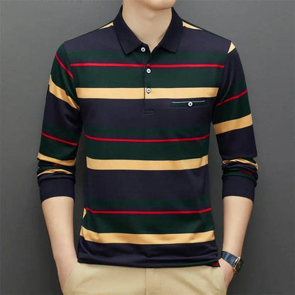 Men's Casual Stripe Plaid Long Sleeve Polo Shirt Solid Polo Top