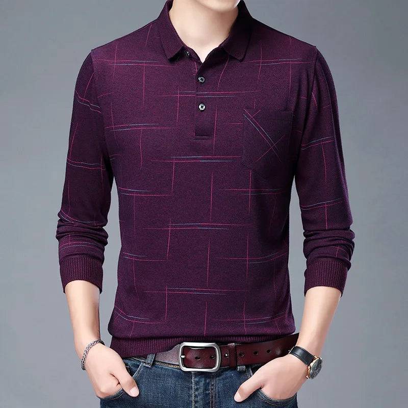 Man Polo Shirt Casual Plaid Spandex Long Sleeve