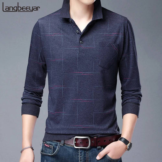 Man Polo Shirt Casual Plaid Spandex Long Sleeve