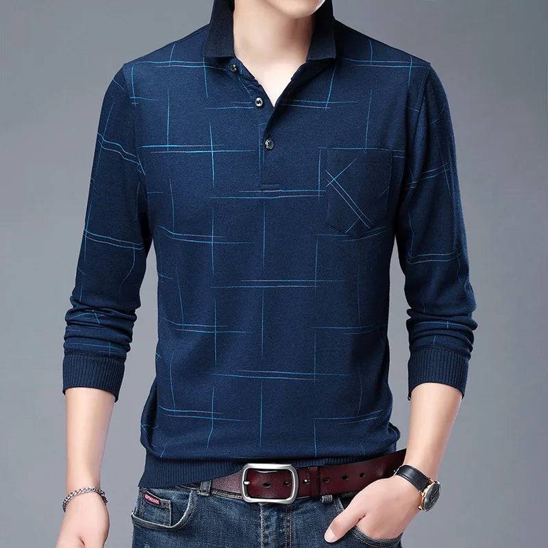 Man Polo Shirt Casual Plaid Spandex Long Sleeve