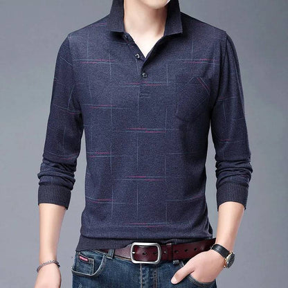 Man Polo Shirt Casual Plaid Spandex Long Sleeve