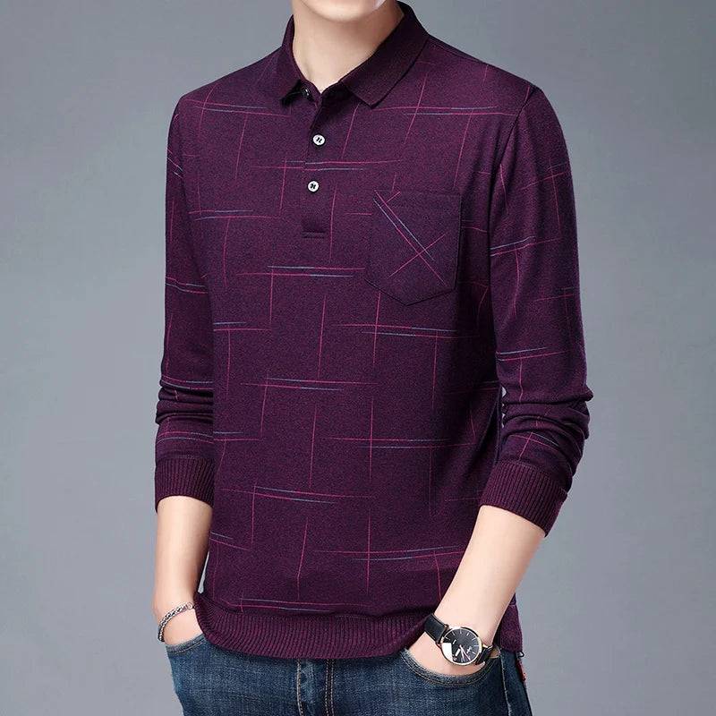 Man Polo Shirt Casual Plaid Spandex Long Sleeve