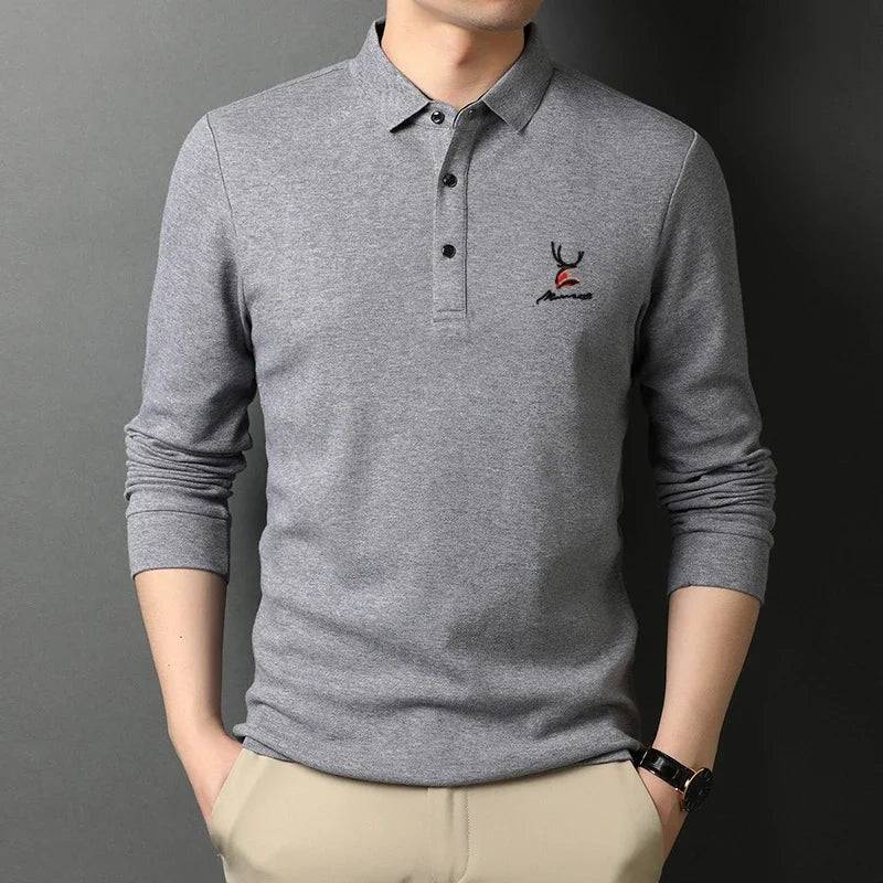 Men's Casual Embroidery Long Sleeve Polo Shirt Solid Color Top