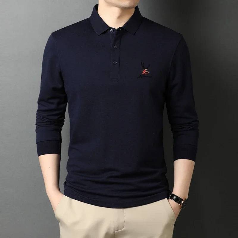 Men's Casual Embroidery Long Sleeve Polo Shirt Solid Color Top