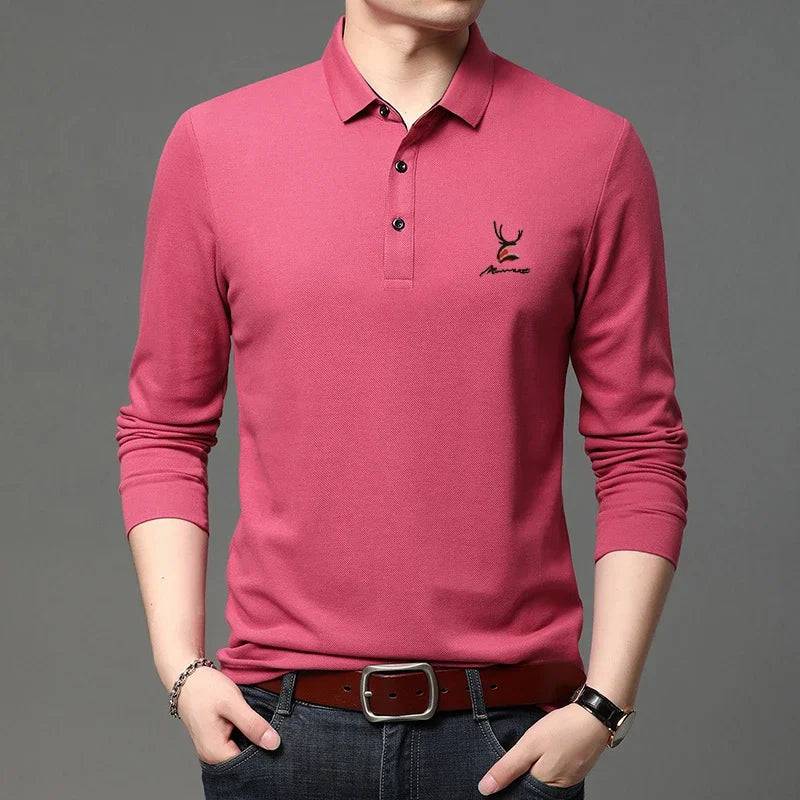 Men's Casual Embroidery Long Sleeve Polo Shirt Solid Color Top