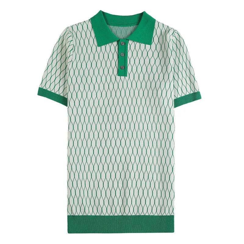 Men Diamond Plaid Knitted Ice Silk Short Sleeve Polo Shirt