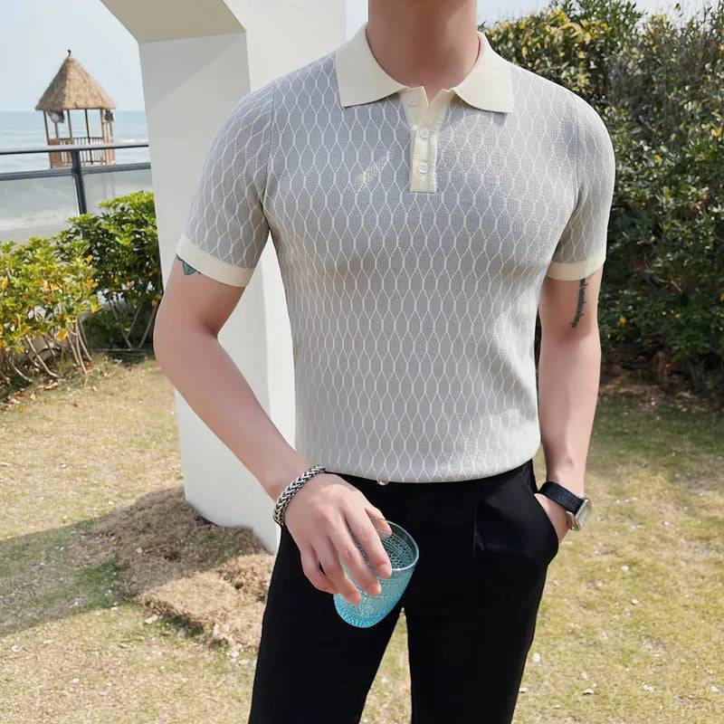 Men Diamond Plaid Knitted Ice Silk Short Sleeve Polo Shirt