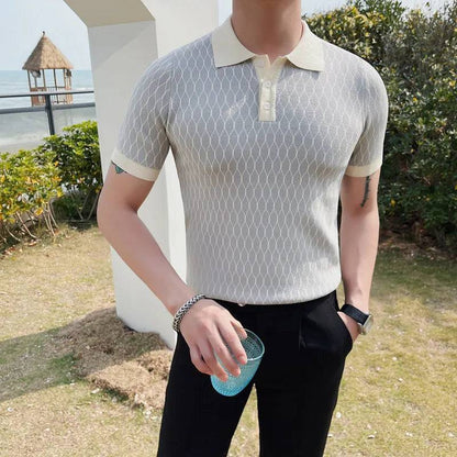 Men Diamond Plaid Knitted Ice Silk Short Sleeve Polo Shirt