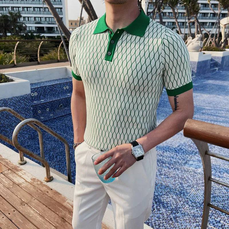 Men Diamond Plaid Knitted Ice Silk Short Sleeve Polo Shirt