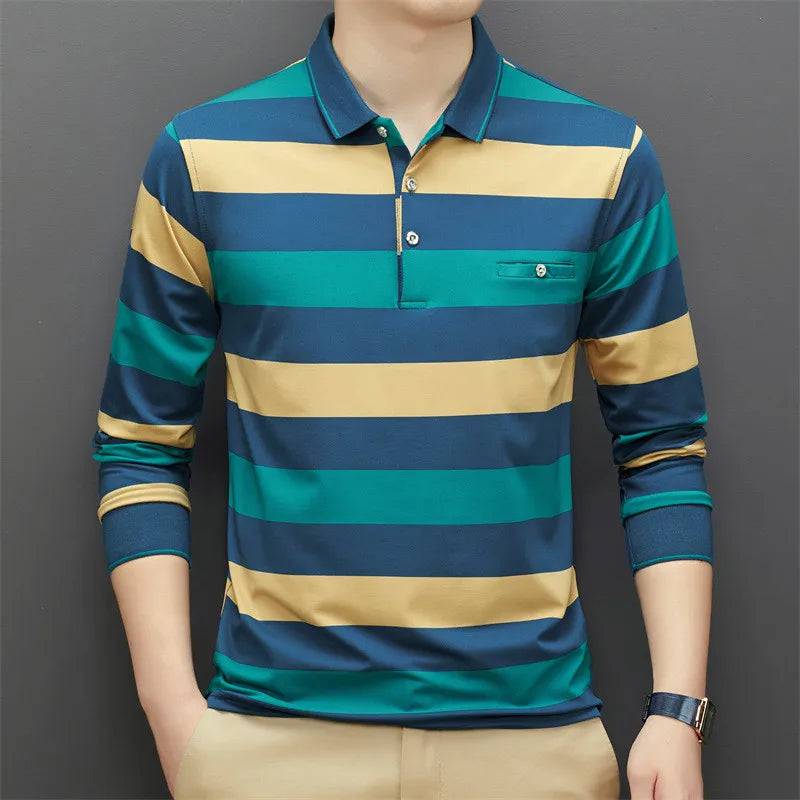 Cotton Polo Shirt for Men Long Sleeve Striped Polo Shirt