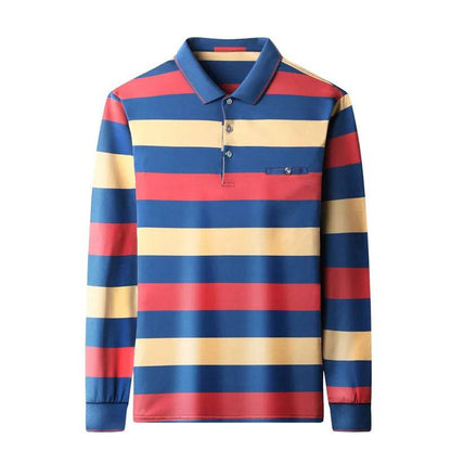 Cotton Polo Shirt for Men Long Sleeve Striped Polo Shirt