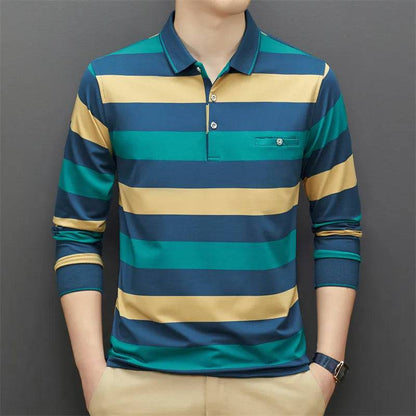 Cotton Polo Shirt for Men Long Sleeve Striped Polo Shirt