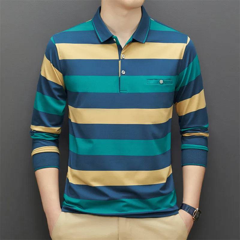 Cotton Polo Shirt for Men Long Sleeve Striped Polo Shirt