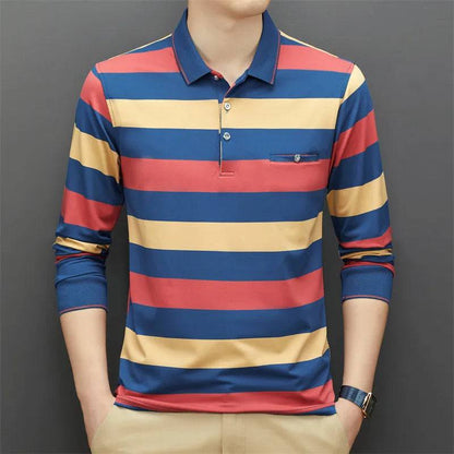 Cotton Polo Shirt for Men Long Sleeve Striped Polo Shirt