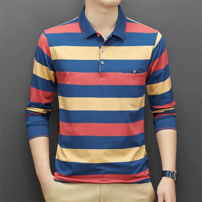 Cotton Polo Shirt for Men Long Sleeve Striped Polo Shirt