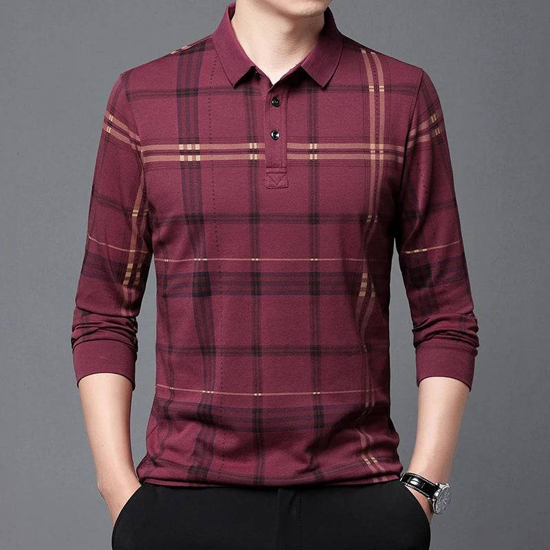 Men's long sleeve lapel checkered polo shirt