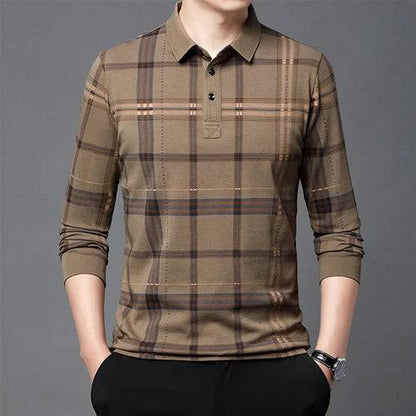 Men's long sleeve lapel checkered polo shirt