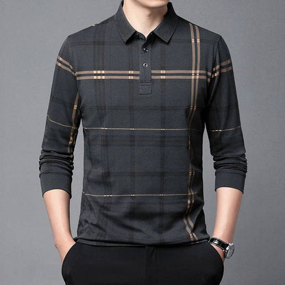 Men's long sleeve lapel checkered polo shirt