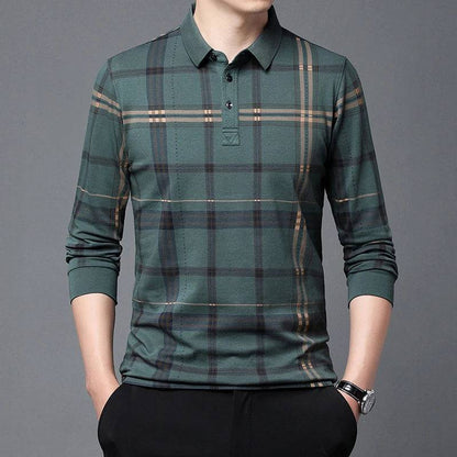 Men's long sleeve lapel checkered polo shirt