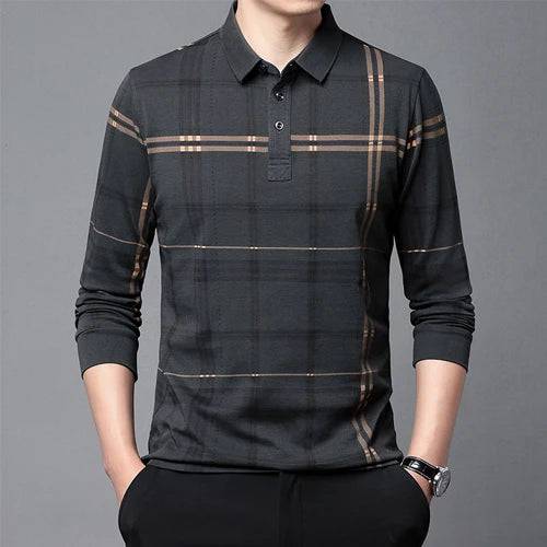 Men's long sleeve lapel checkered polo shirt