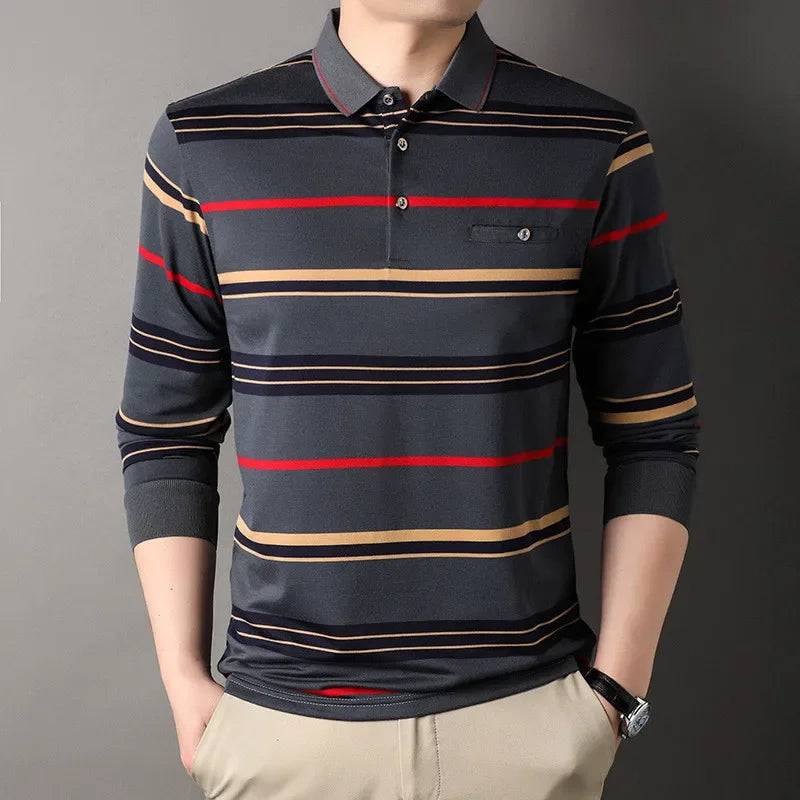 Men Striped Long Sleeve Cotton Polo Shirt