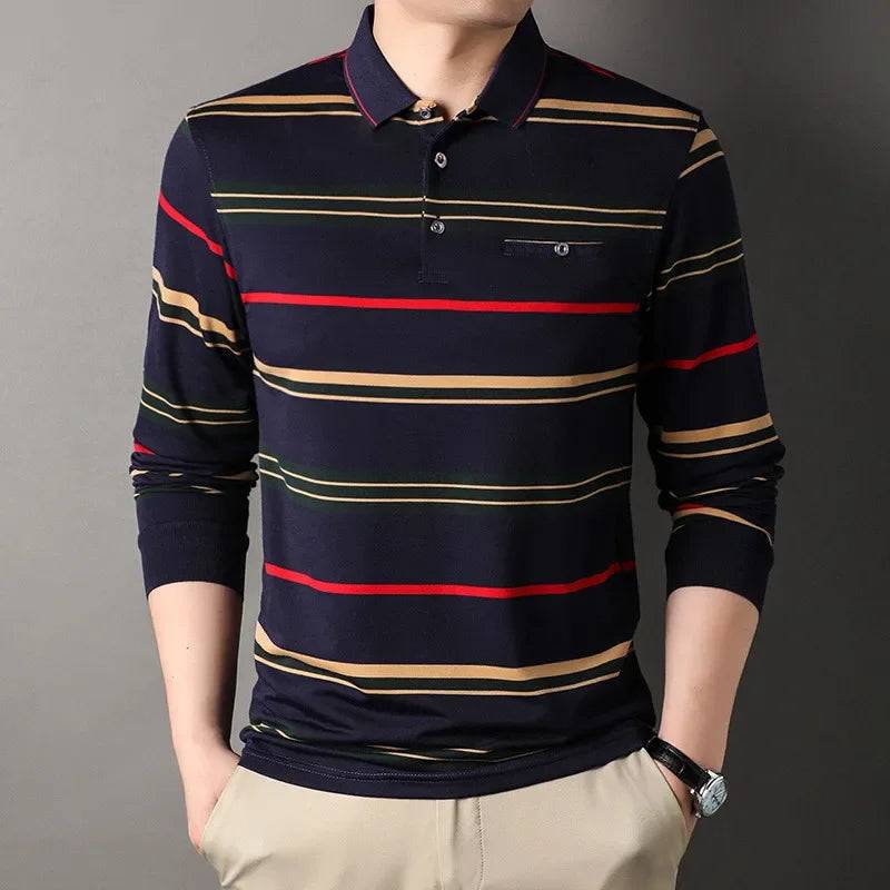 Men Striped Long Sleeve Cotton Polo Shirt