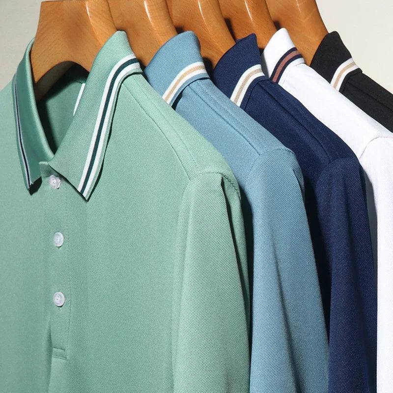 Men's Solid Short Sleeved Striped Lapel Polo Shirt