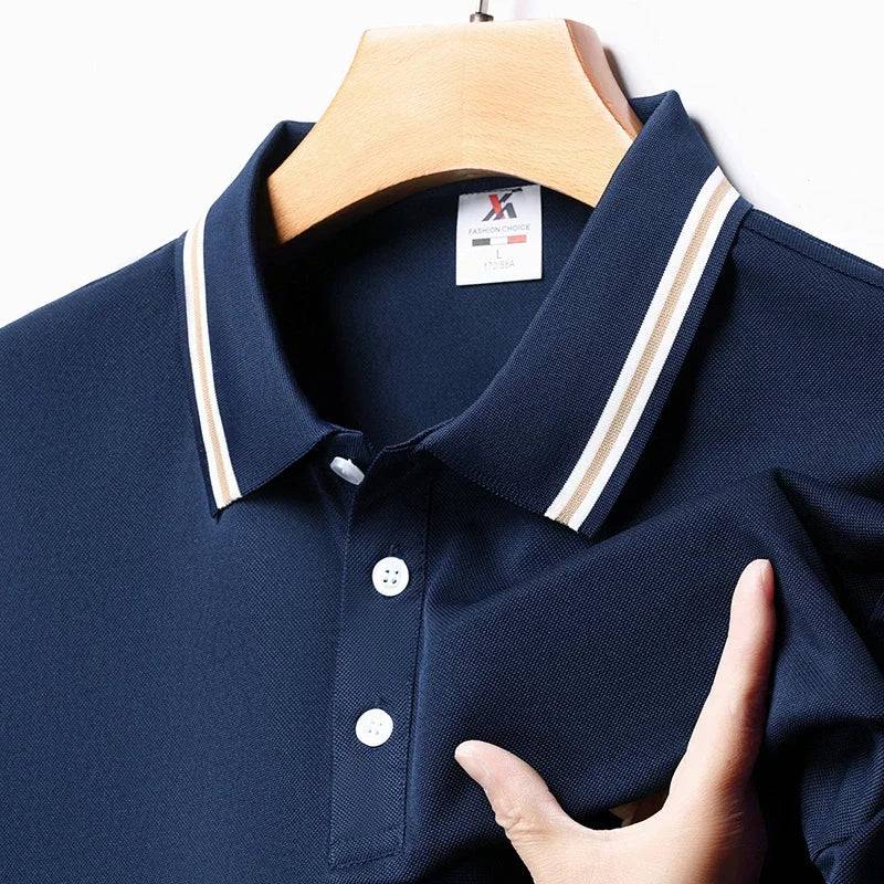 Men's Solid Short Sleeved Striped Lapel Polo Shirt