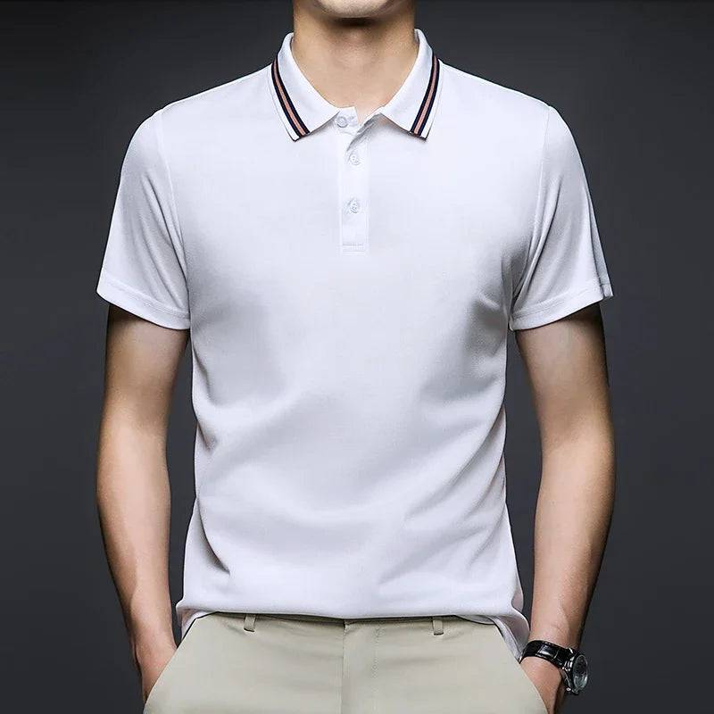 Men's Solid Short Sleeved Striped Lapel Polo Shirt