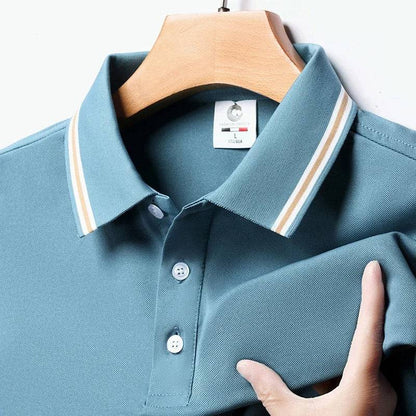 Men's Solid Short Sleeved Striped Lapel Polo Shirt