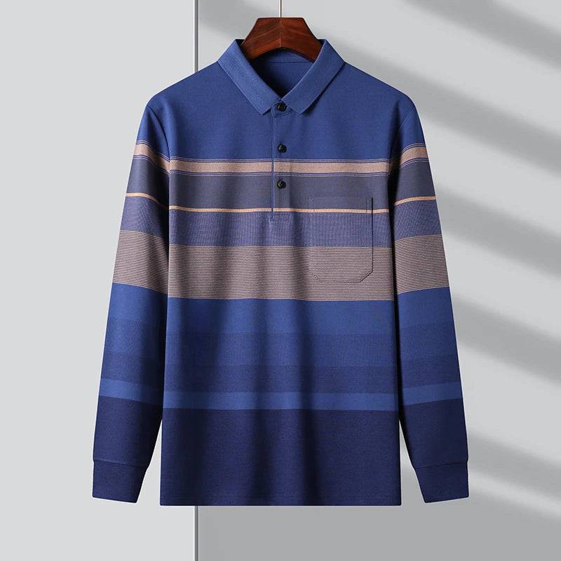 Mens Polo Shirt Stripped Long Sleeve