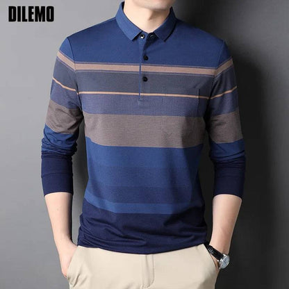 Mens Polo Shirt Stripped Long Sleeve