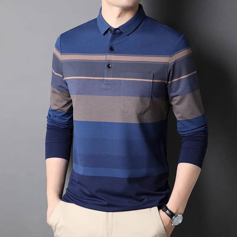 Mens Polo Shirt Stripped Long Sleeve